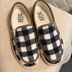 Hey Dude Women's Plaid Moccasins in Black and White